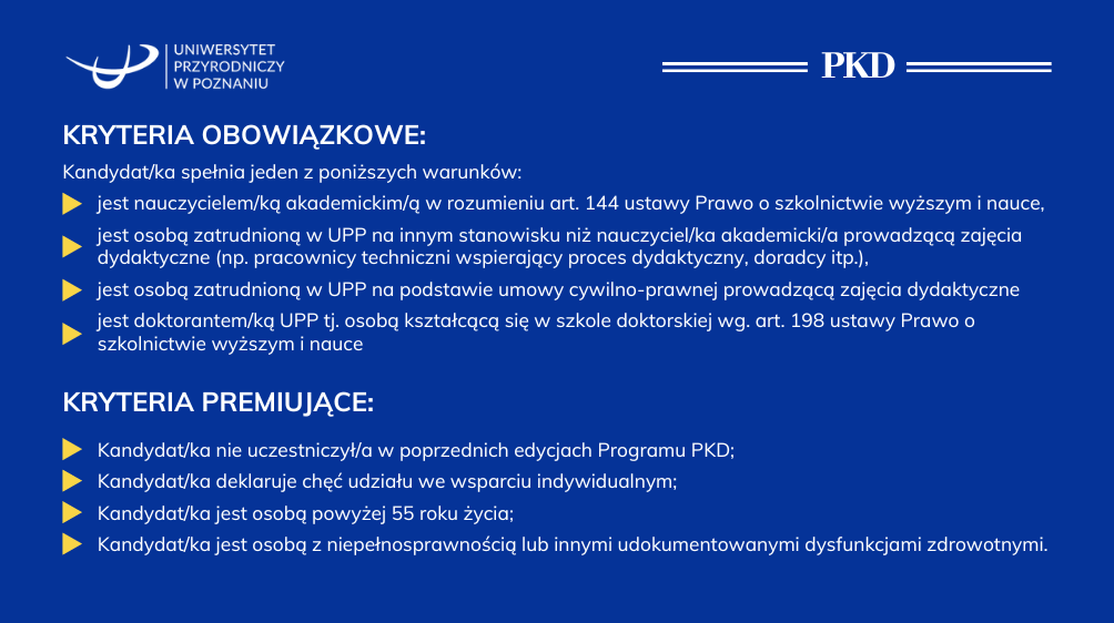 Grafika z kryteriami rekrutacji - szczegółowo opisanymi w §6 Regulaminu udziału w Programie PKD